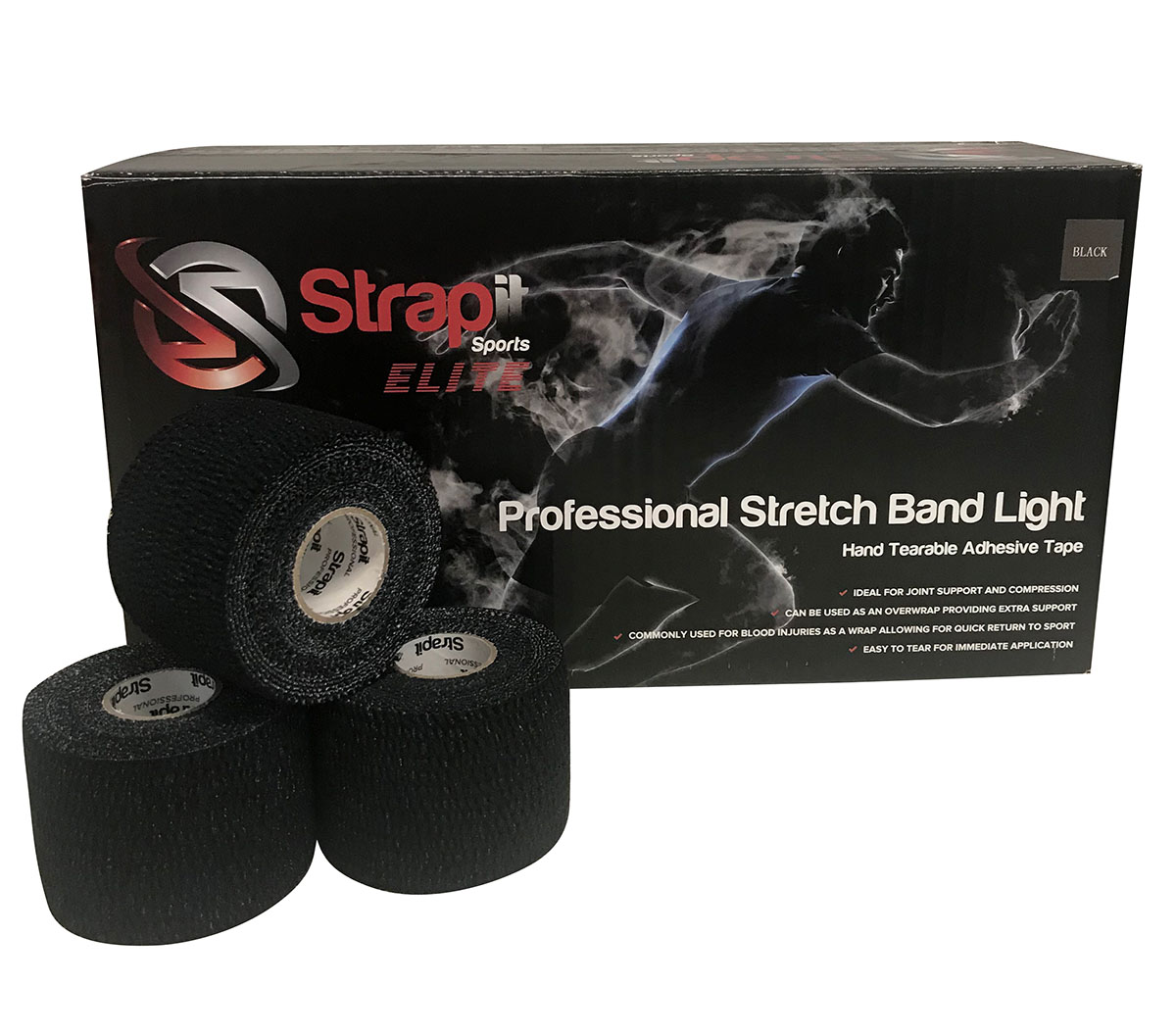 Strapit Stretchband Lite Hand Tear EAB Black 2 in x 7.5 yds Box of 24