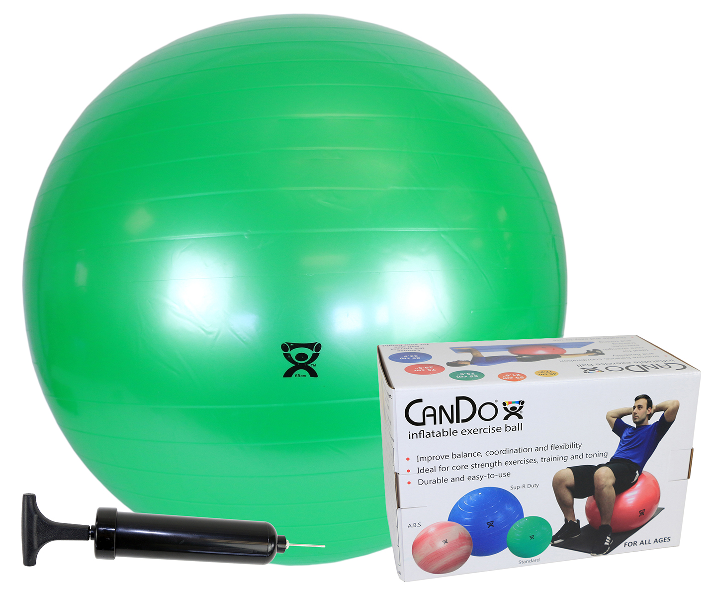 CanDo Inflatable Exercise Ball - Economy Set - Green - 26 (65 cm) Ball Pump Retail Box