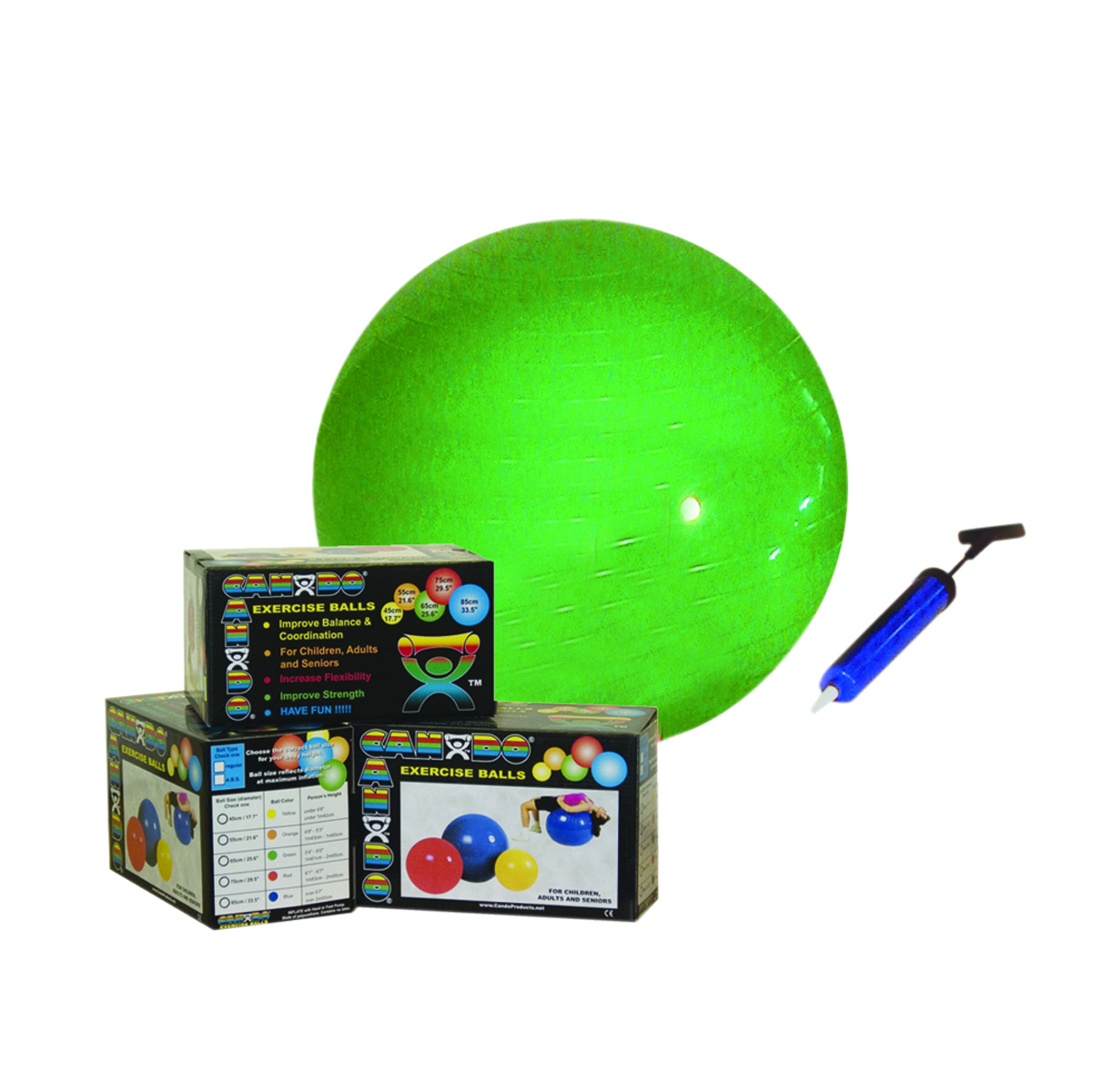 CanDo Inflatable Exercise Ball - Economy Set - Green - 26 (65 cm) Ball Pump Retail Box (set of 10)