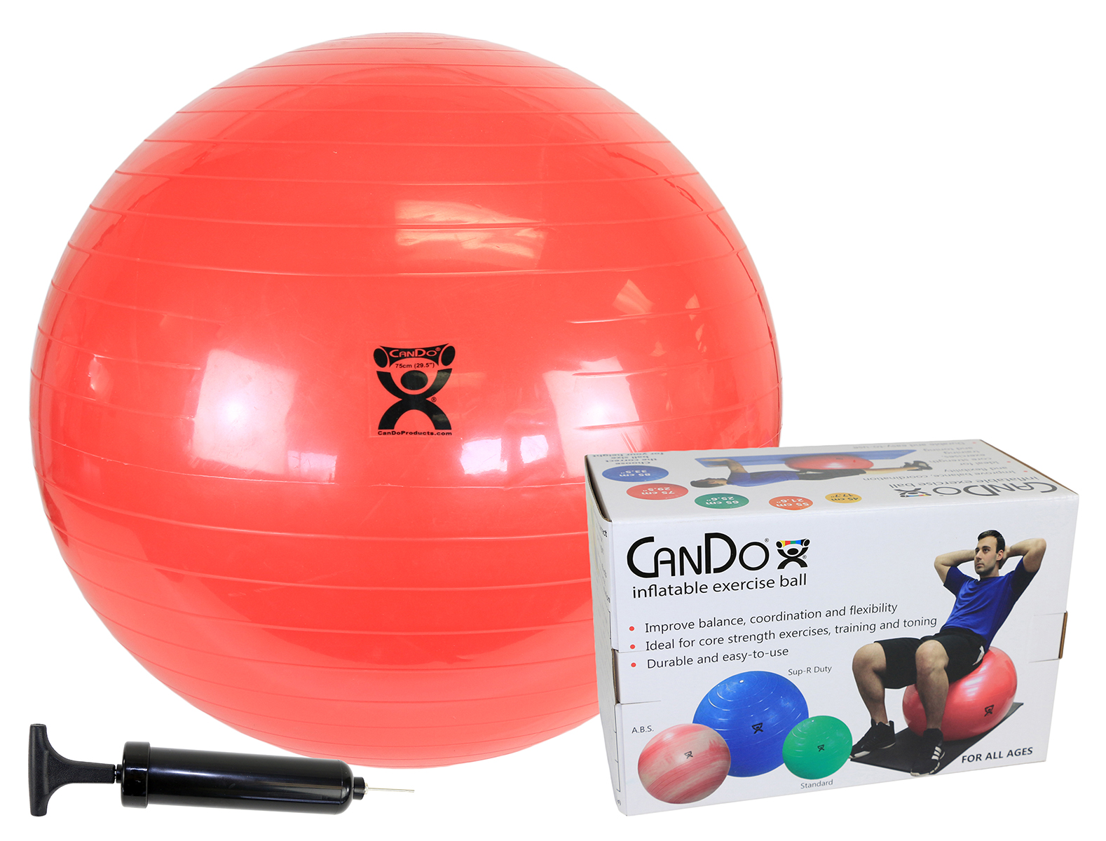 CanDo Inflatable Exercise Ball - Economy Set - Red - 30 (75 cm) Ball Pump Retail Box