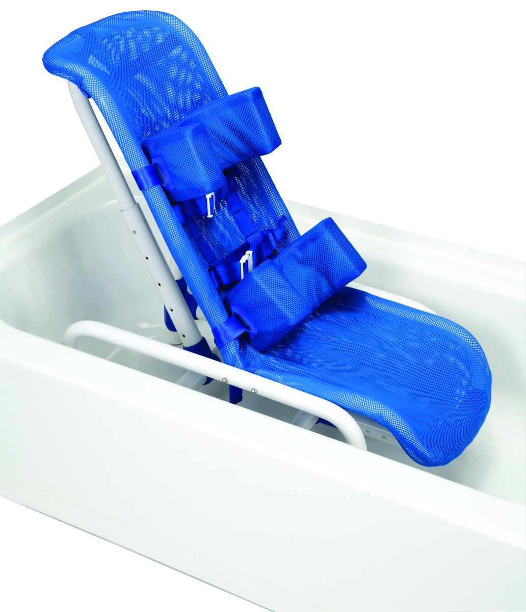 Reclining bath chair with safety harness small to 100 lb.