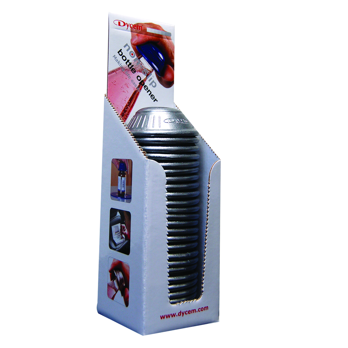 Dycem retail bottle opener display 25/dispenser silver
