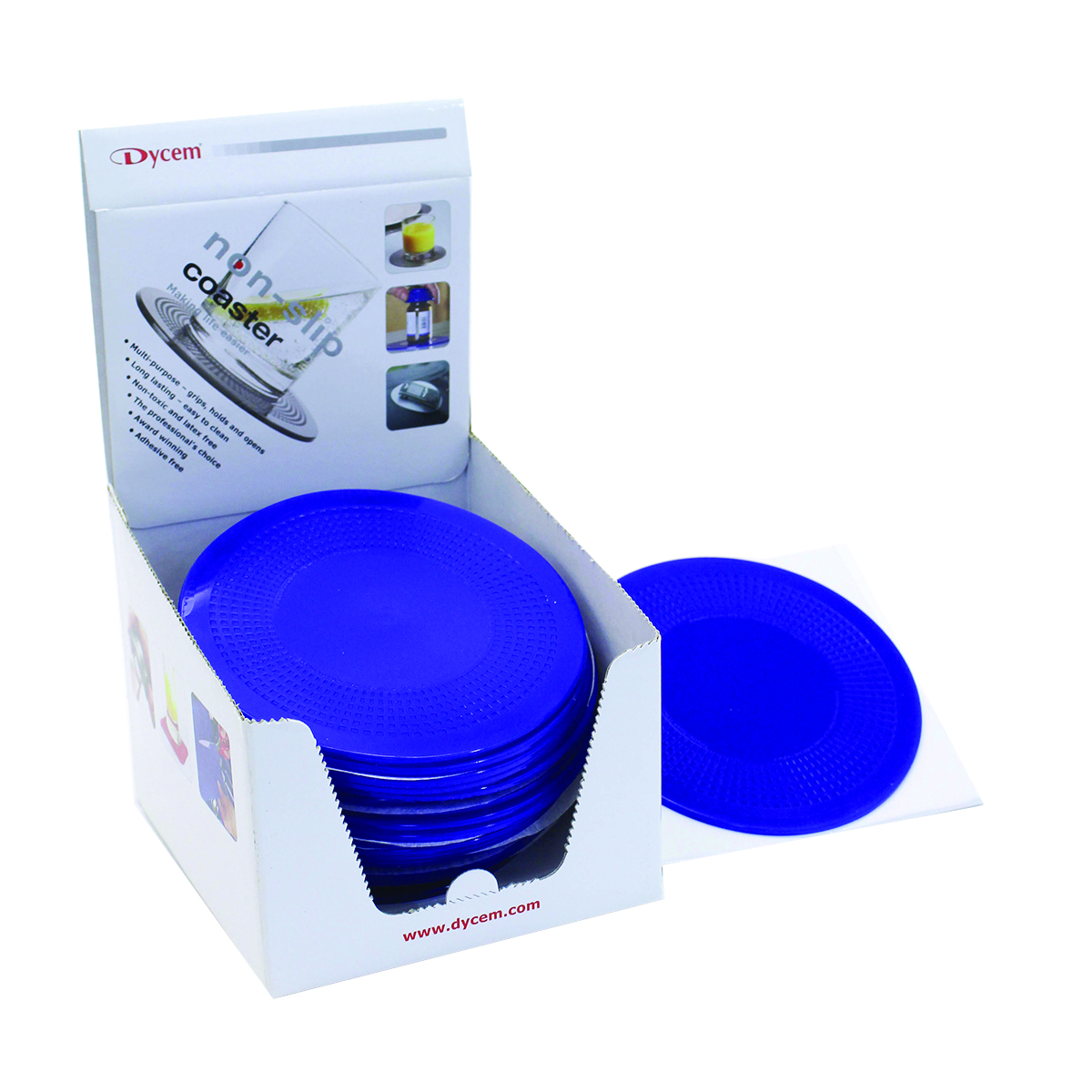 Dycem 5.5 round table mat display 25/dispenser blue
