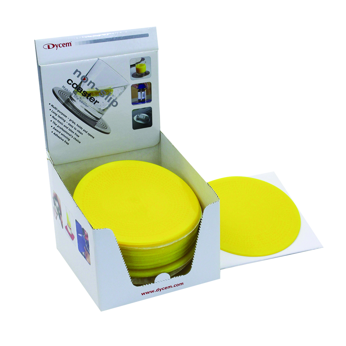 Dycem 5.5 round table mat display 25/dispenser yellow
