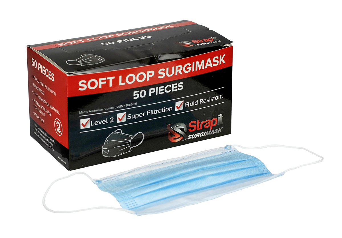 Strapit Surgimask Face Masks 3 ply disposable with ear loops ASTM Level 2 Box of 50