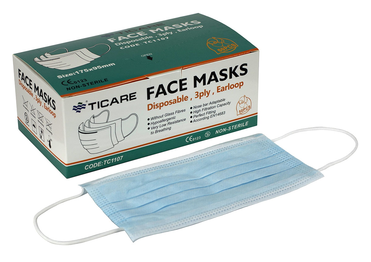 Ticare Face Masks 3 ply disposable with ear loops Box of 50